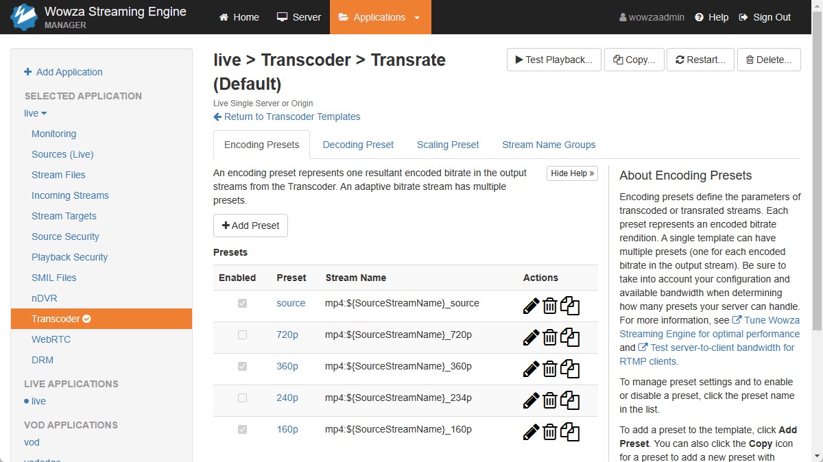 Live Transcoder Encoding Presets