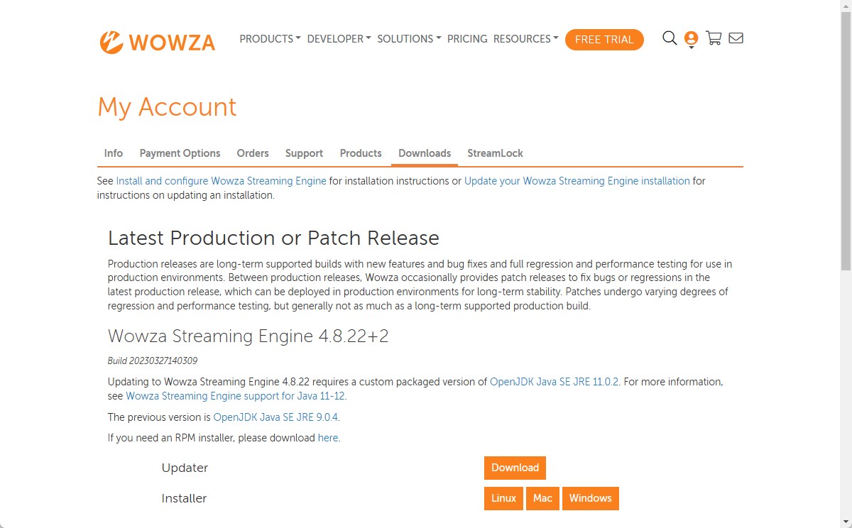 Wowza Streaming Engine のダウンロード