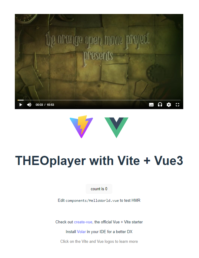 Screenshot of THEOplayer Vue3 application example